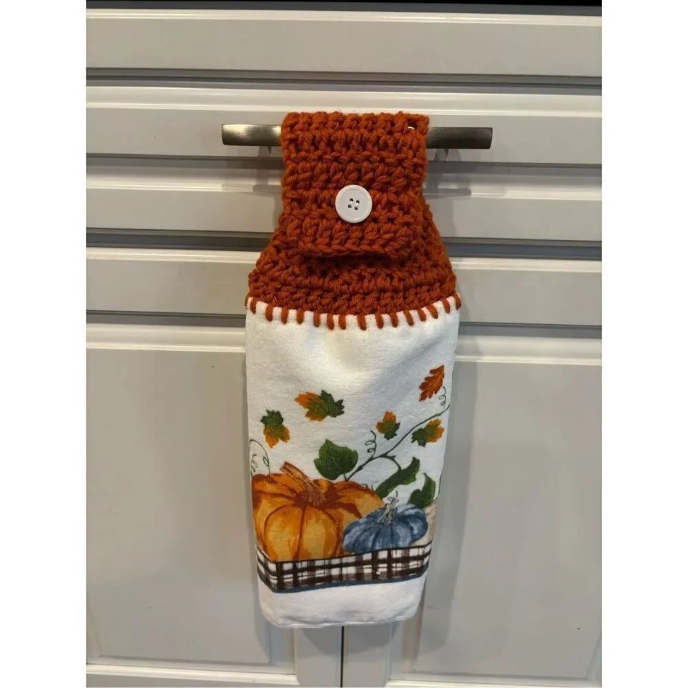 Crochet Top Kitchen Towel-Variety pumpkins bottom brown checks